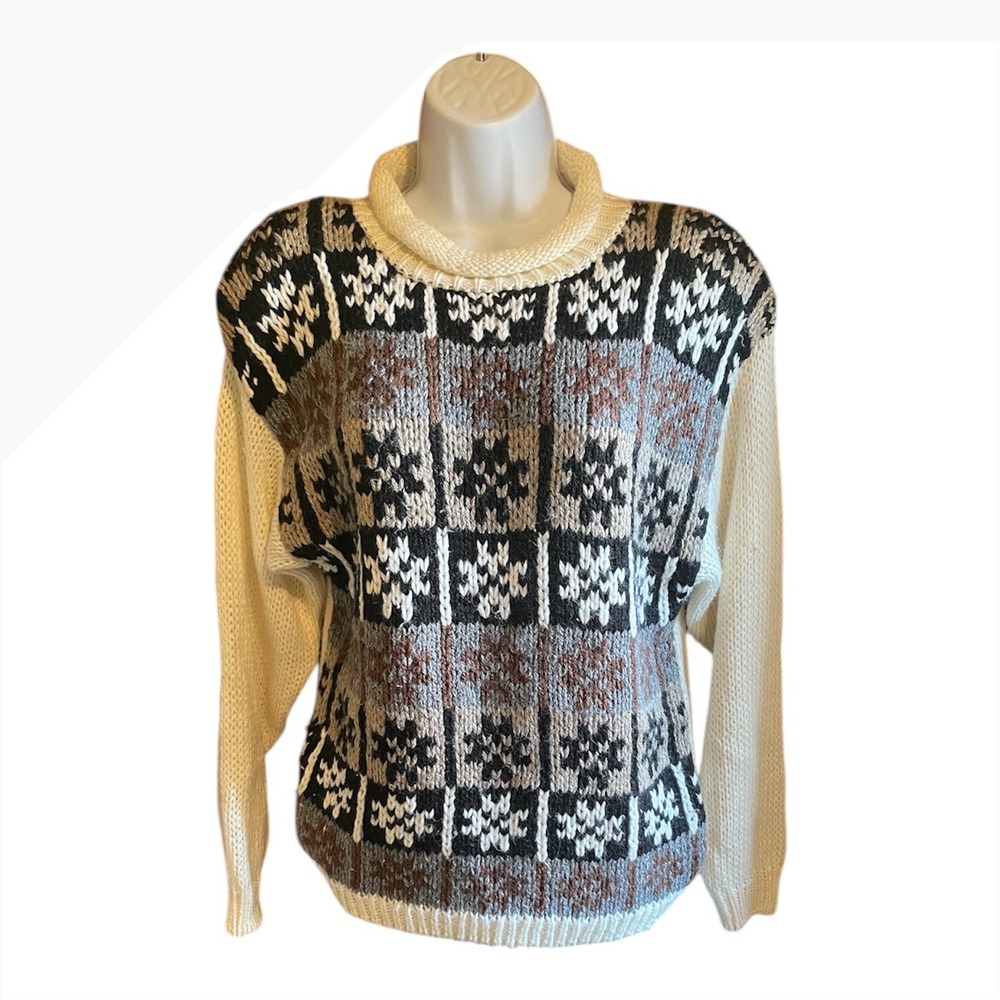 Vintage Geometric Print Turtleneck Sweater Women's Size Medium Cream Brown Black